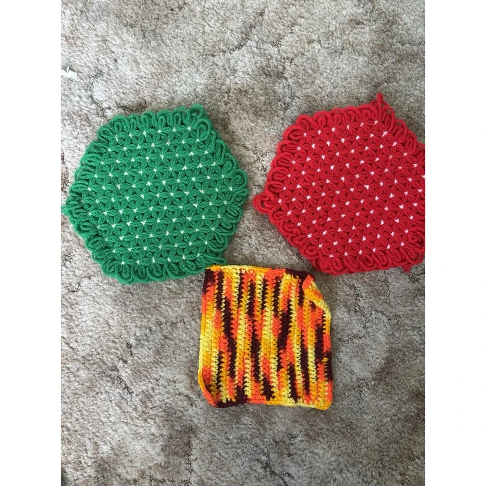 Vintage Handmade Crochet Potholders Lot of 3 Hexagon Square Hot Pads Retro